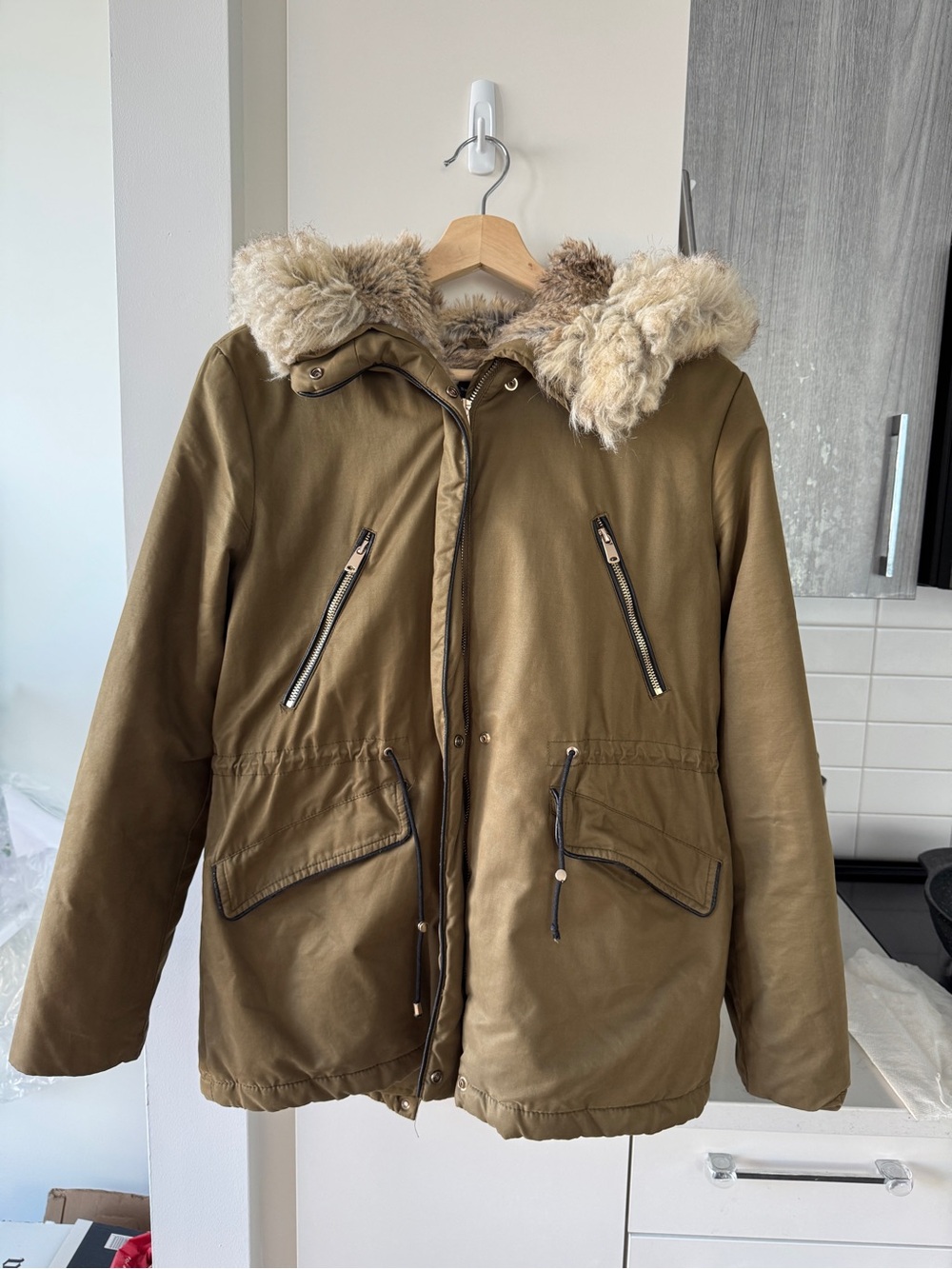Zara Olive Green Utility Parka with Faux Fur Hood